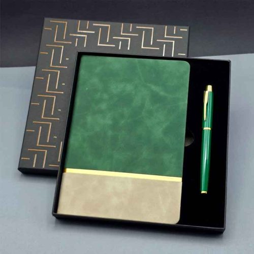 Kisiye-ozel-Gold-Detayli-Defter-ve-Kalem-Seti-siyah-kalem-yesil-ajanda