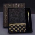 Gold Desenli Siyah Deri Defter ve Kalem Seti
