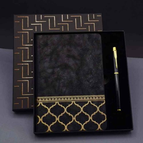 Gold Desenli Siyah Deri Defter ve Kalem Seti
