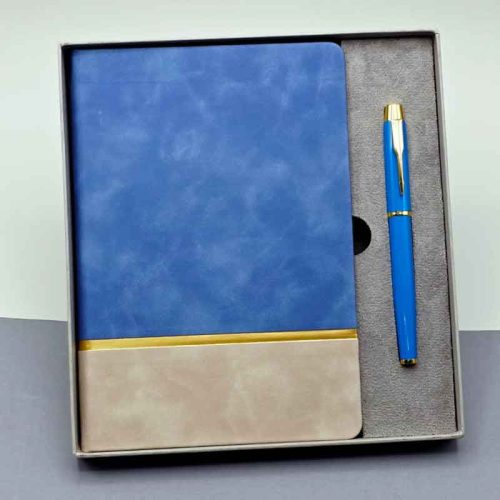 Gold Detaylı Mavi Defter ve Kalem Seti