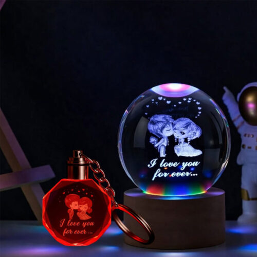 Sonsuz Aşk Işıklı Kristal Küre & Anahtarlık Seti