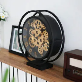Black Metal Decorative Table Clock with Moving Gears