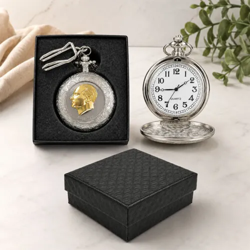 Gümüş Gold Atatürk Kabartmalı Köstekli Cep Saati – Özel Kutulu